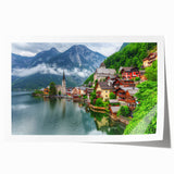 European countryside scenery in muted earth tones on a large rolled canvas, suitable for dining room or bathroom decor.