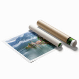 Extra large rolled print featuring a serene Austrian landscape with muted green and floral elements.