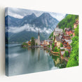 Large canvas print of a European countryside scene in muted green and blue tones, ideal for kitchen wall art.