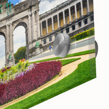 Large abstract wall art depicting a European scenery in muted earth tones on acrylic glass, suitable for dining room decor.