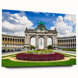 Large abstract wall art of a European scenery in vibrant hues on acrylic glass, ideal for bedroom or dining room decor.