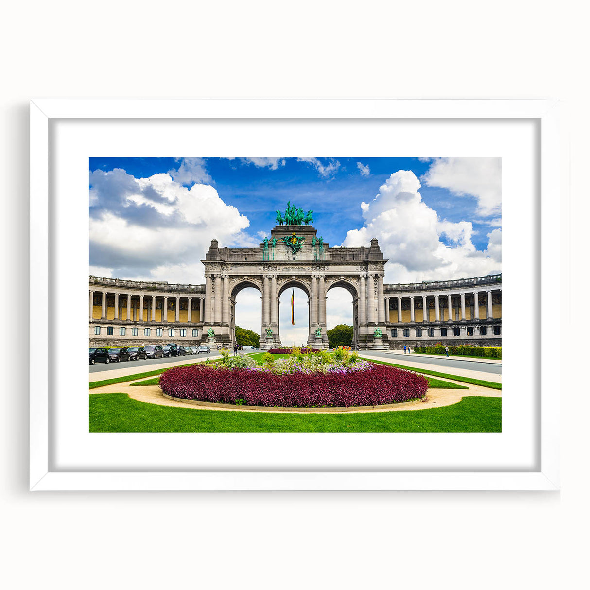 Textured abstract art print of a European scenery in muted earth tones, framed with a white mat, suitable for bedroom decor.