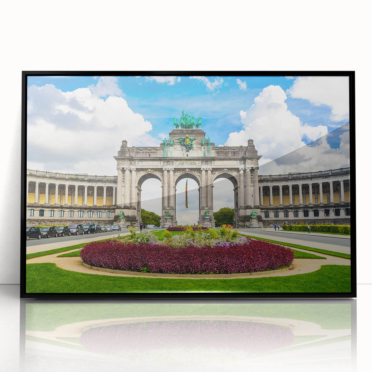 Large abstract wall art depicting a European scenery, in muted earth tones on a framed acrylic.