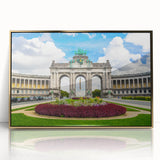 Art Deco poster of a European scenery in Belgium, framed acrylic with gold tones, suitable for modern nursery decor.