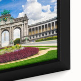 Extra large framed canvas of a textured, colorful depiction of a European scenery, ideal for living room decor.