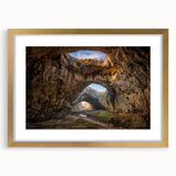 Abstract art print depicting a European Bulgarian landscape in muted earth tones on a framed canvas.