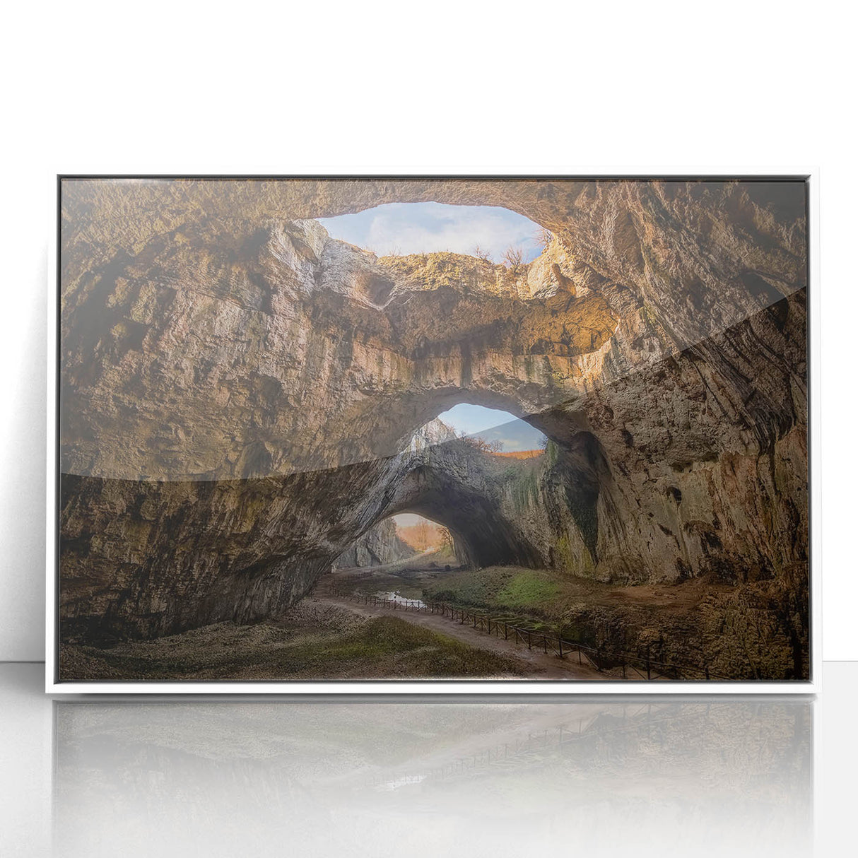 Mid-century modernist art depicting a Bulgarian landscape, in muted earth tones on a framed acrylic print.