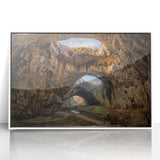 Mid-century modernist art depicting a Bulgarian landscape, in muted earth tones on a framed acrylic print.