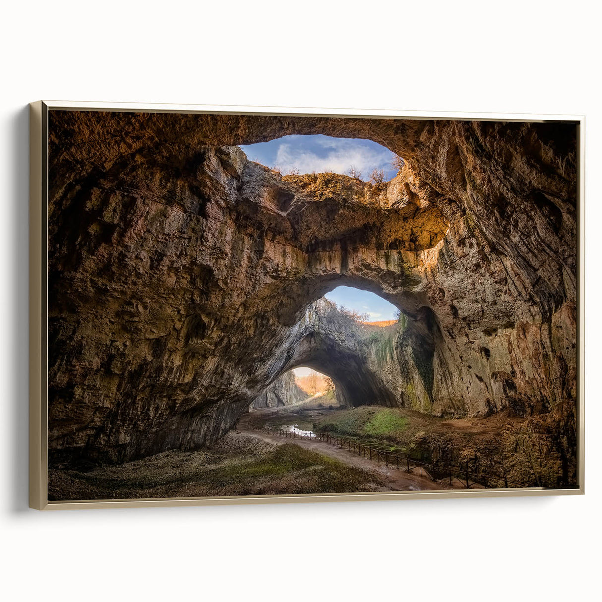 Framed canvas featuring a vintage-style landscape painting of Bulgarian scenery in muted gold and black tones.
