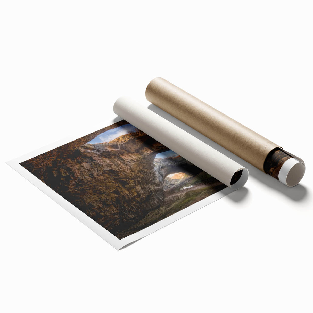 Rolled print of a Bulgarian landscape featuring lush floral details in soft green and pink tones.