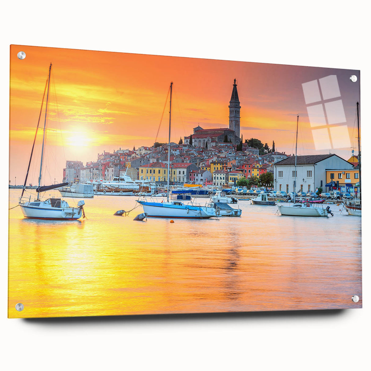 Acrylic print of a Croatian landscape in vibrant greens and blues, suitable for bedroom or dining room decor.