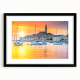 Extra large abstract art print of a colorful, textured European scenery on a black framed canvas.