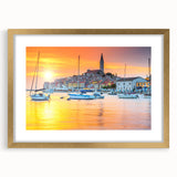 Abstract art print of a European Croatian landscape in muted earth tones, framed in gold, suitable for dining room decor.