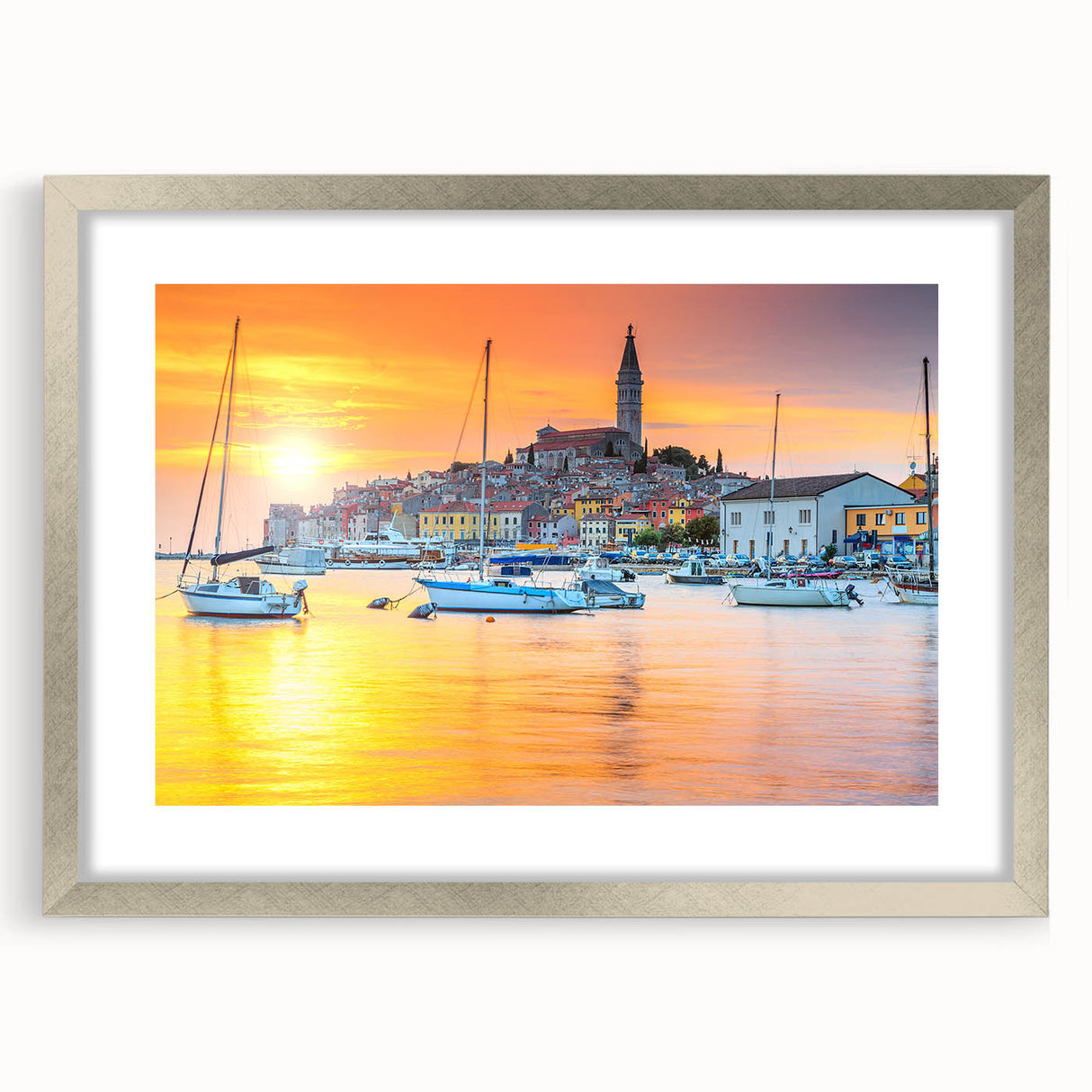 Extra large abstract art print of a European scenery in Croatia, featuring textured brush strokes in cool blues and greens.