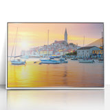 Mid-century modernist art depicting a Croatian landscape in muted earth tones on a white framed acrylic panel.