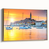 Framed canvas featuring a vintage-style landscape painting of a Croatian scenery, ideal for bedroom wall art.