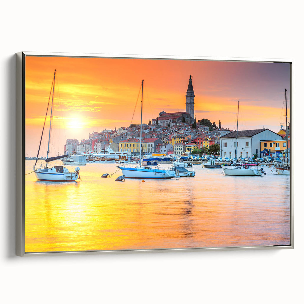 Framed canvas landscape art painting depicting a vintage Croatian coastal scene in colorful hues.