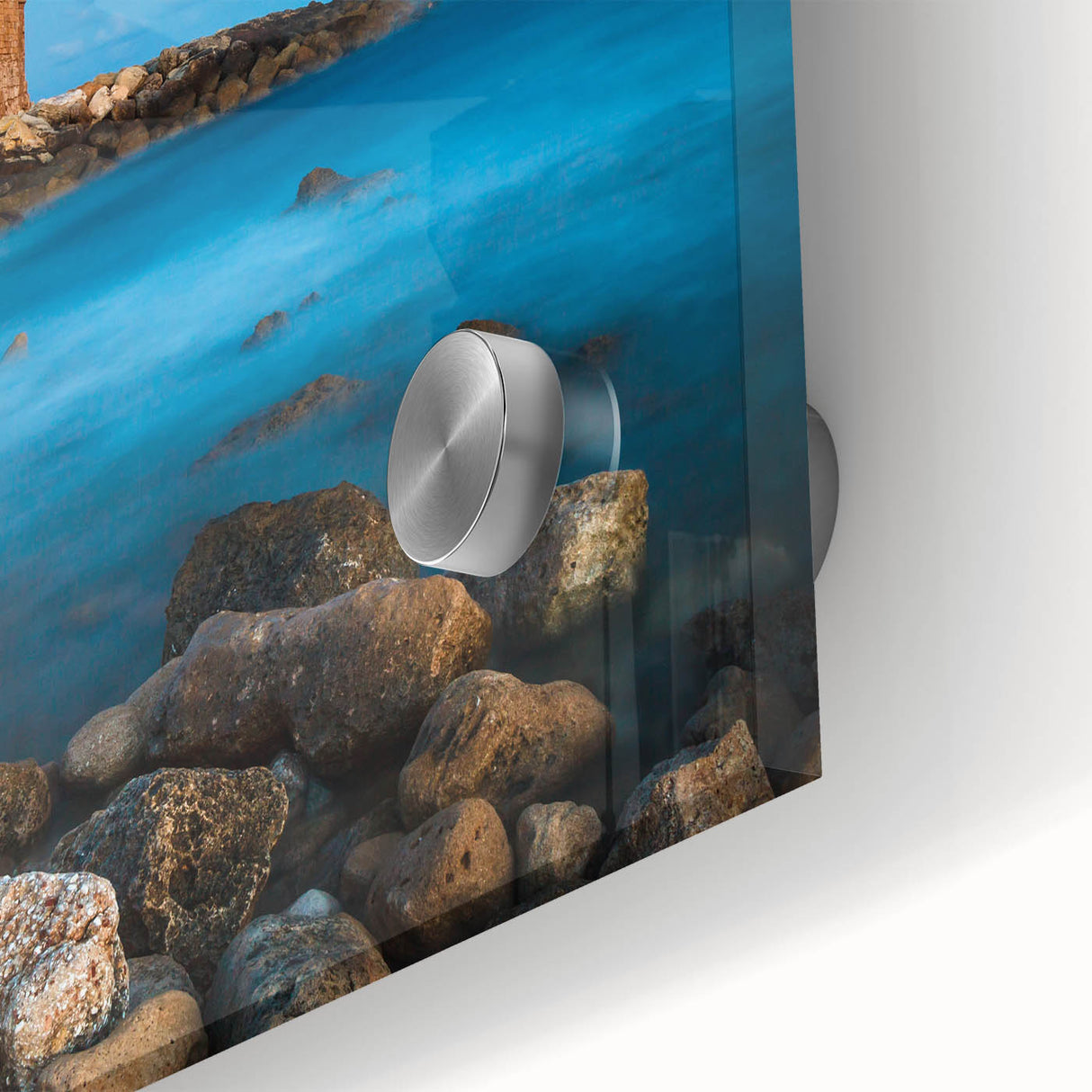 Large abstract wall art of a European Cyprus scenery in muted green and blue tones on acrylic glass.