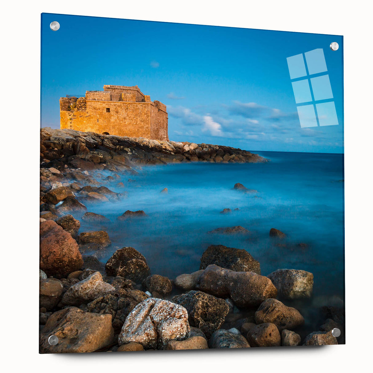 Large abstract depiction of a European Cyprus scenery on acrylic glass, featuring earthy green and blue tones.