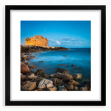 Extra large abstract art print of a colorful, textured European scenery on a black framed canvas.