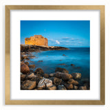 Abstract art print of a European Cyprus landscape in muted earth tones, framed with a gold mat, ideal for dining room decor.