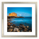 Extra large abstract art print of a European landscape in muted earth tones, framed in silver.