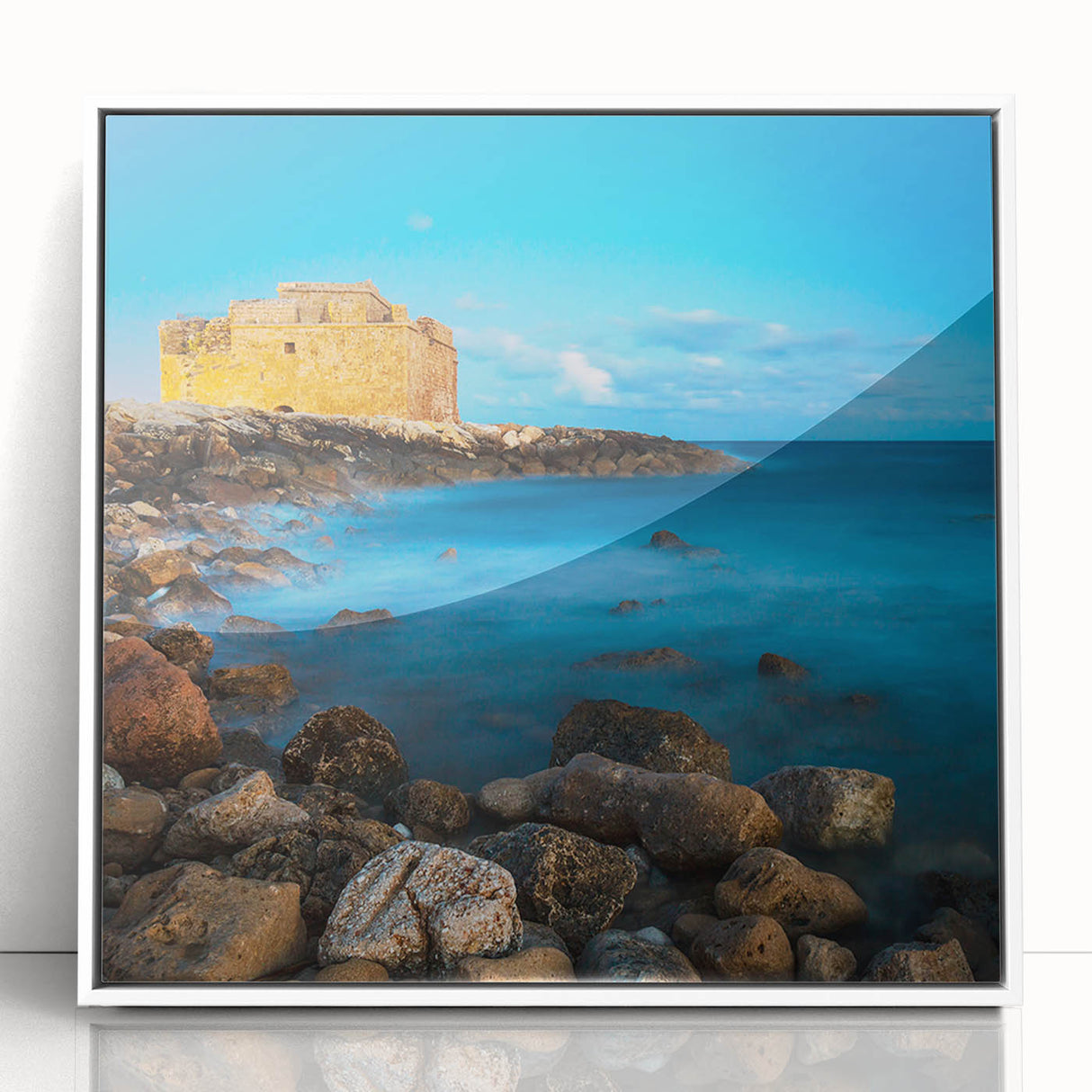 Mid-century modernist art depicting a European Cyprus landscape in muted earth tones on a framed acrylic panel.