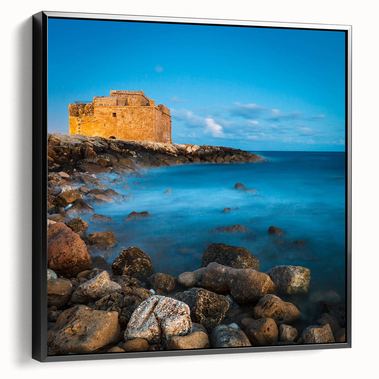 Black and white framed canvas featuring a vintage landscape of Cyprus, ideal for bedroom wall decor.