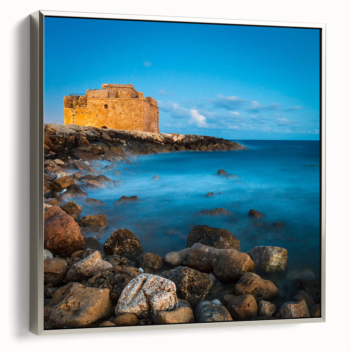 Framed canvas landscape art painting depicting a vintage European scene in muted colors, ideal for living room decor.