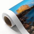 Art deco poster of a European Cyprus landscape in muted earth tones on rolled canvas, ideal for nursery wall art.