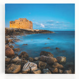 Black and white photo of a European Cyprus landscape on stretched canvas, ideal for kitchen wall art.