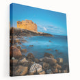 Large stretched canvas depicting a scenic European Cyprus landscape in muted earth tones, ideal for kitchen wall art.