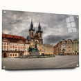 Acrylic print of Prague cityscape in muted gray and blue tones, ideal for dining room decor.