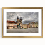 Extra large abstract art print of Prague skyline in textured gold frame, ideal for living room decor.
