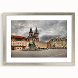 Textured art print of abstract Prague scenery in muted earth tones on a framed canvas, ideal for bedroom art.