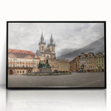 Large abstract wall art depicting Prague's cityscape in muted gray and blue acrylic, framed, ideal for modern office decor.