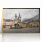 Mid-century modernist Prague scene in muted gold and brown tones on a framed acrylic, suitable for modern art wall decor.