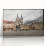 Mid-century modernist Prague scenery, silver-framed acrylic, in muted earth tones, ideal for modern art wall decor.