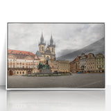 Art Deco style poster of Prague skyline in muted colors on framed acrylic, suitable for modern art wall decor.