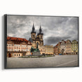 Black and white framed canvas of Prague landscape featuring vintage poster art style, suitable for bedroom wall decor.