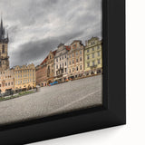 Black framed canvas of Prague scenery with textured, colorful art, ideal for living room decor.