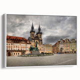 Vintage poster art of Prague scenery in colorful hues on extra large framed canvas, ideal for living room decor.