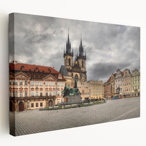 Prague cityscape canvas print featuring muted earthy tones, ideal for kitchen wall art.