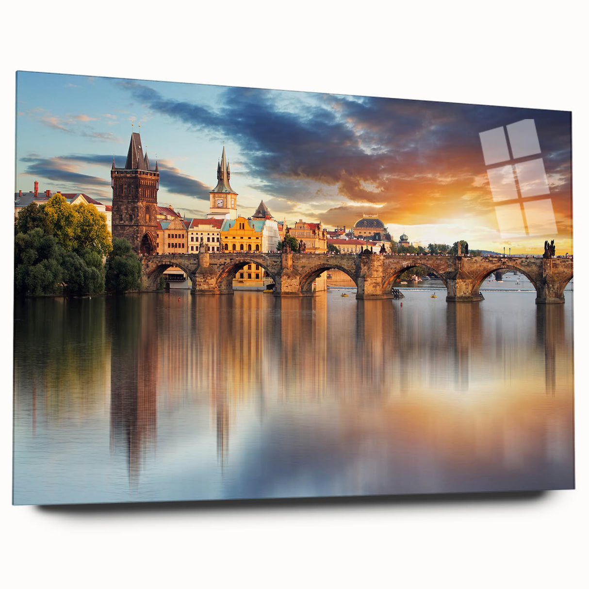 Acrylic print of a large abstract depiction of a European cityscape in muted gray and blue tones.