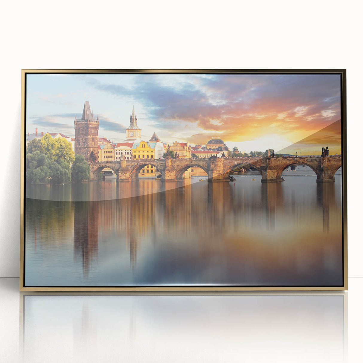 Art Deco poster of a European cityscape in muted gold tones on a framed acrylic, suitable for modern nursery wall decor.