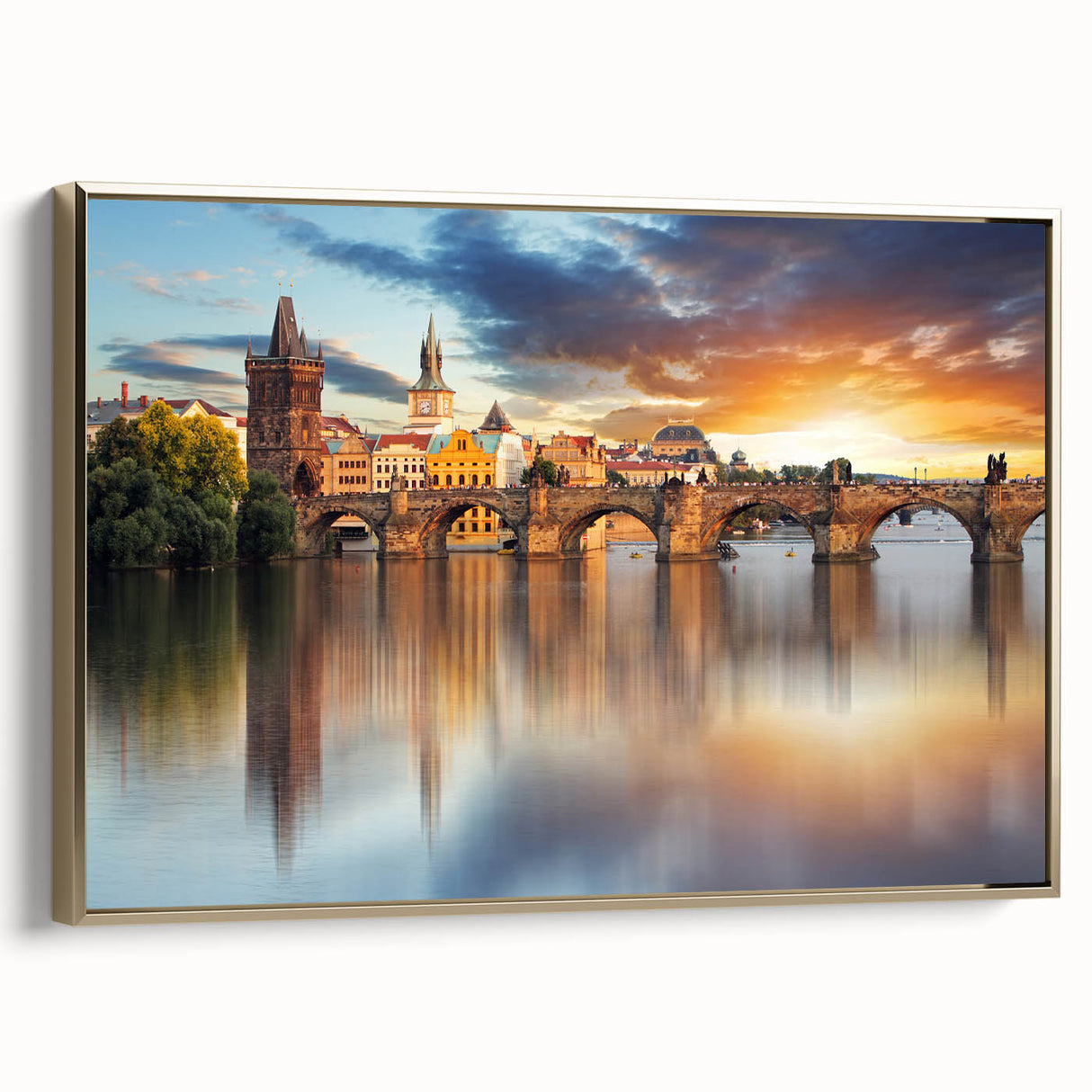 Framed canvas depicting a vintage-style landscape of the Czech Republic in muted gold and black tones.