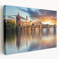 Prague cityscape on large stretched canvas, featuring muted earth tones, ideal for kitchen wall art.