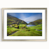 Extra large abstract art print of a European scenery in muted earth tones, framed in silver, ideal for living room decor.