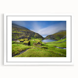 Textured abstract art print of a Danish landscape in muted earth tones, framed with a white mat, ideal for bedroom decor.