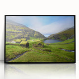 Large abstract wall art featuring a Danish landscape in muted gray and blue tones, framed in black acrylic.